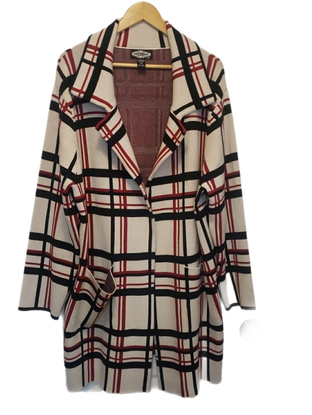 Oliver O.  Cardigan Geometric Plaid  Long Jacket - Ivory/Black/Red 3X